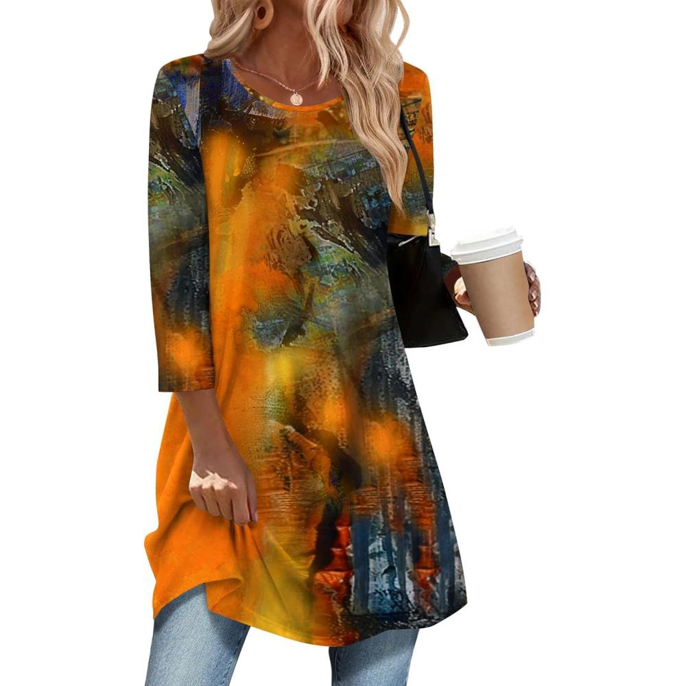 imageZeagoo Women Tops 34 Sleeve Dressy Casual Plus Size Tunics to Wear with Leggings Swing Flare TShirt Loose BlousesOrange Printcx272