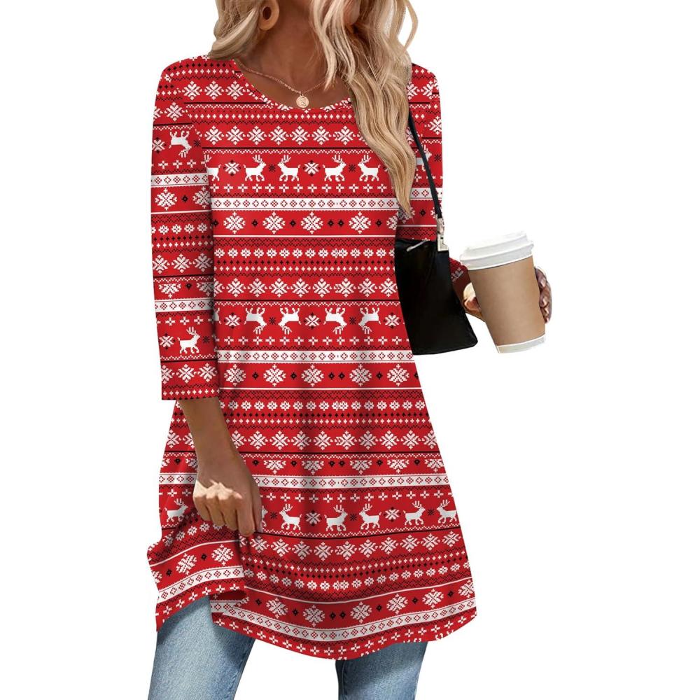imageZeagoo Women Tops 34 Sleeve Dressy Casual Plus Size Tunics to Wear with Leggings Swing Flare TShirt Loose BlousesRed Christmassd142