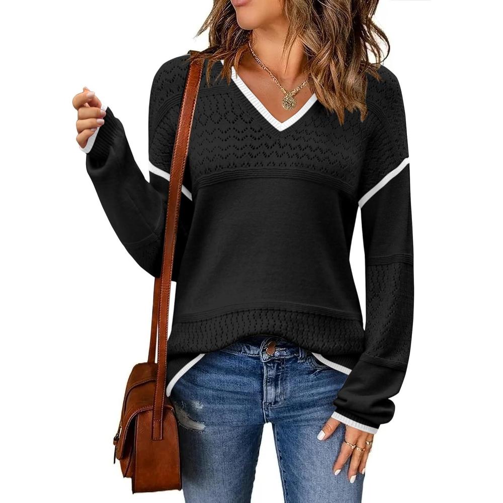imageZeagoo Womens 2026 Fall Sweaters Casual Long Sleeve Ribbed Knit Pullover V Neck Lightweight Crochet Pullover Sweater TopBlack B1