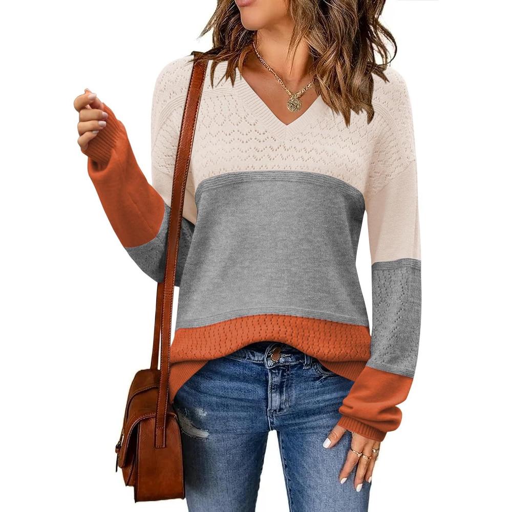 imageZeagoo Womens 2026 Fall Sweaters Casual Long Sleeve Ribbed Knit Pullover V Neck Lightweight Crochet Pullover Sweater TopColorblock 278