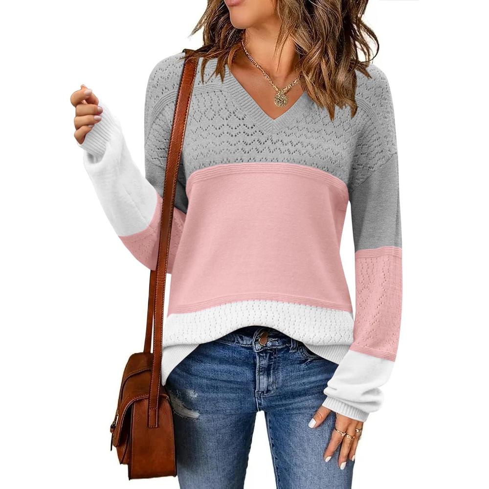imageZeagoo Womens 2026 Fall Sweaters Casual Long Sleeve Ribbed Knit Pullover V Neck Lightweight Crochet Pullover Sweater TopColorblock 457