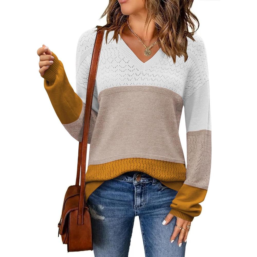 imageZeagoo Womens 2026 Fall Sweaters Casual Long Sleeve Ribbed Knit Pullover V Neck Lightweight Crochet Pullover Sweater TopColorblock 561