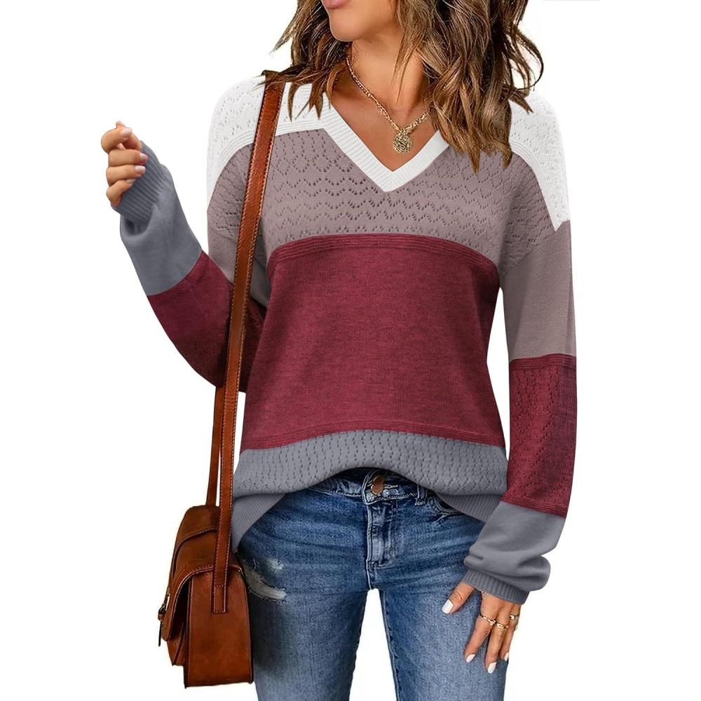 imageZeagoo Womens 2026 Fall Sweaters Casual Long Sleeve Ribbed Knit Pullover V Neck Lightweight Crochet Pullover Sweater TopColorblock 562