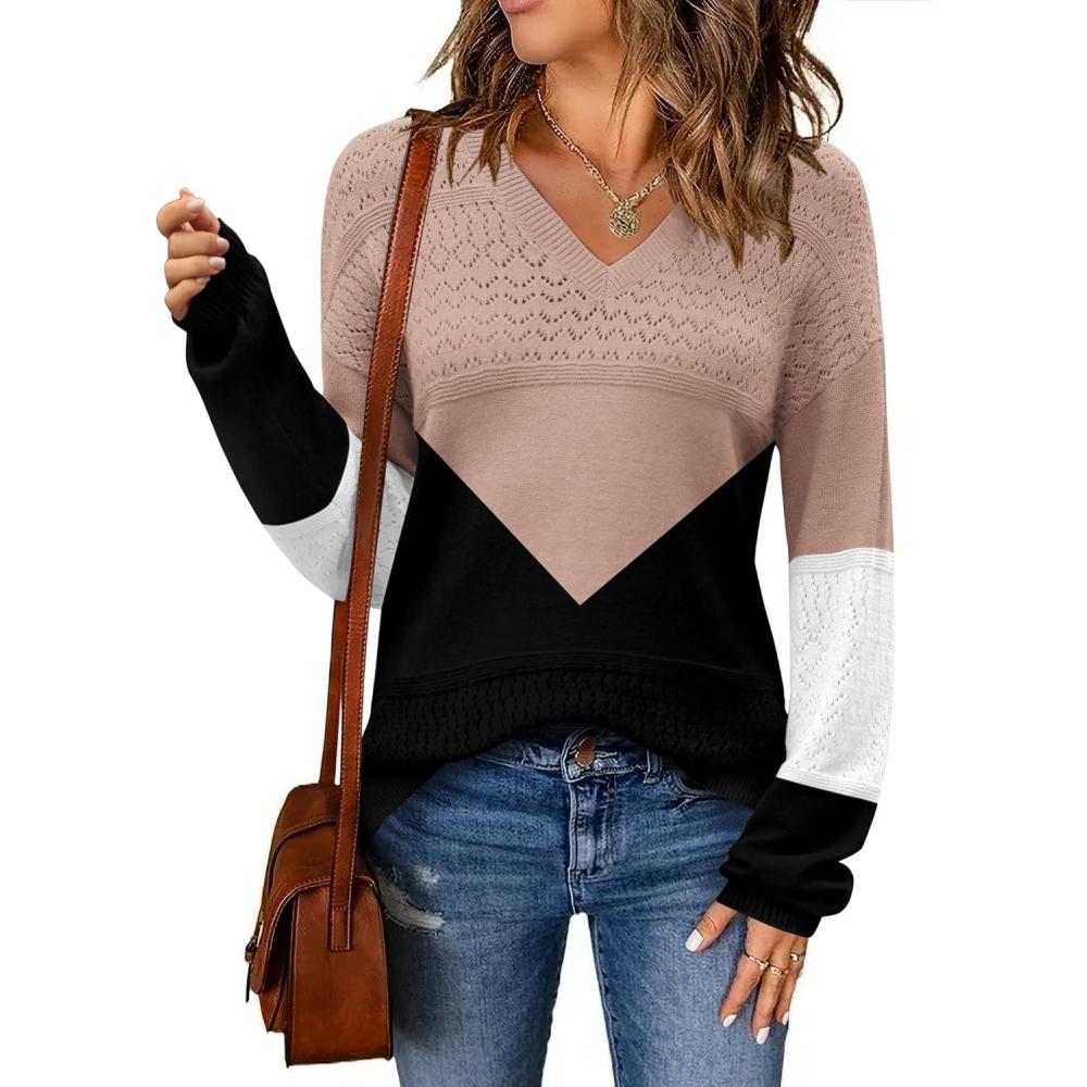 imageZeagoo Womens 2026 Fall Sweaters Casual Long Sleeve Ribbed Knit Pullover V Neck Lightweight Crochet Pullover Sweater TopColorblock Jh550