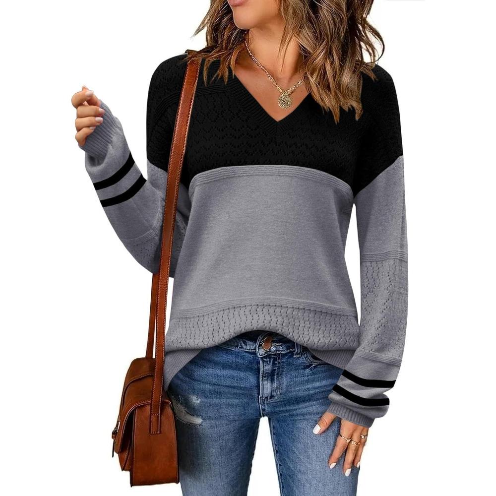 imageZeagoo Womens 2026 Fall Sweaters Casual Long Sleeve Ribbed Knit Pullover V Neck Lightweight Crochet Pullover Sweater TopColorblock Tz172