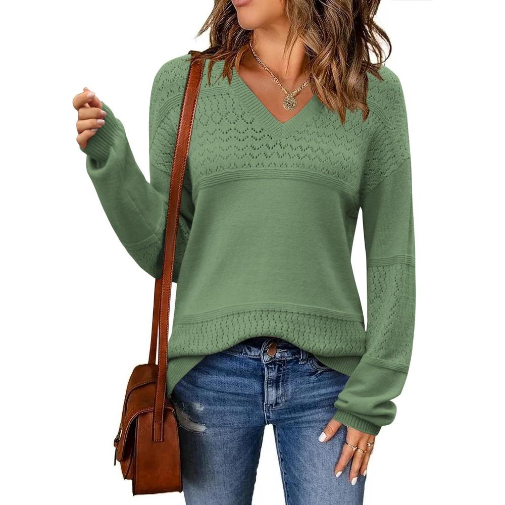 imageZeagoo Womens 2026 Fall Sweaters Casual Long Sleeve Ribbed Knit Pullover V Neck Lightweight Crochet Pullover Sweater TopLake Blue