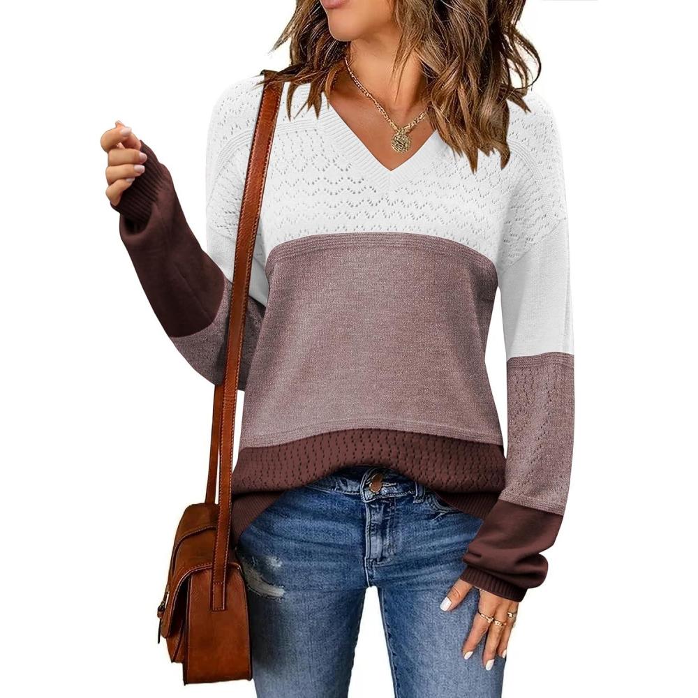 imageZeagoo Womens 2026 Fall Sweaters Casual Long Sleeve Ribbed Knit Pullover V Neck Lightweight Crochet Pullover Sweater TopMulticolored