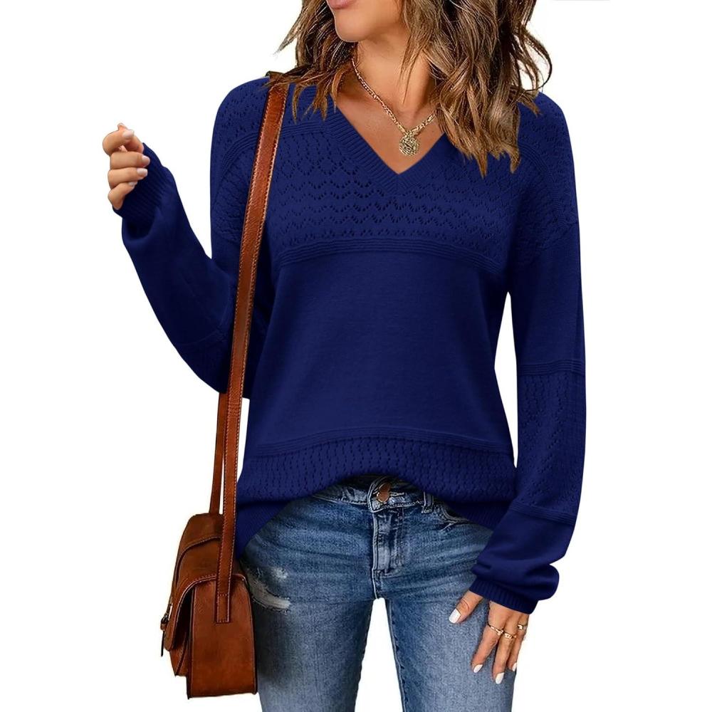 imageZeagoo Womens 2026 Fall Sweaters Casual Long Sleeve Ribbed Knit Pullover V Neck Lightweight Crochet Pullover Sweater TopNavy Blue