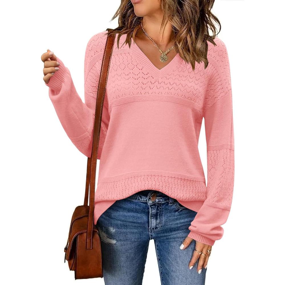imageZeagoo Womens 2026 Fall Sweaters Casual Long Sleeve Ribbed Knit Pullover V Neck Lightweight Crochet Pullover Sweater TopPink