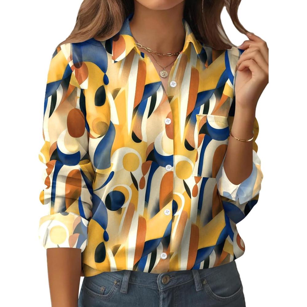 imageZeagoo Womens Button Down Shirt Long Sleeve Blouse Business Work Tops Dressy Casual Floral Printed Outfits with PocketJh579