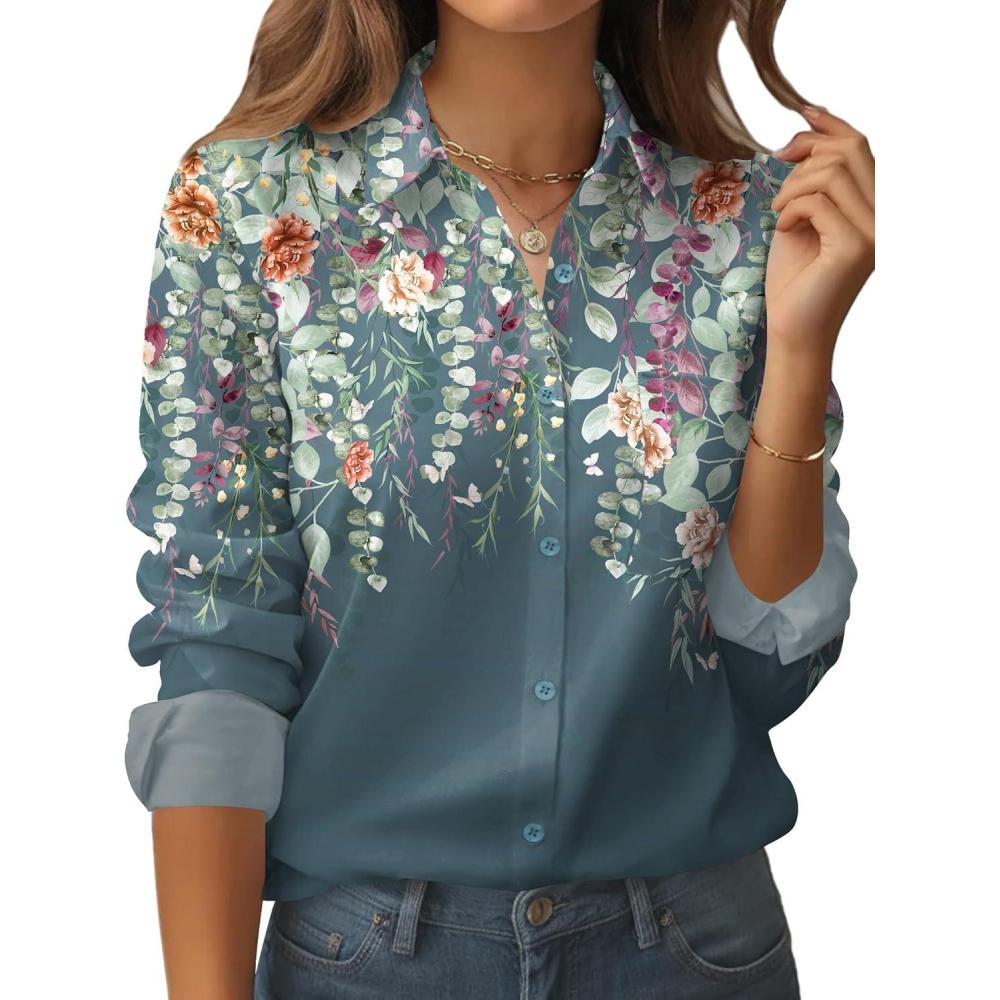 imageZeagoo Womens Button Down Shirt Long Sleeve Blouse Business Work Tops Dressy Casual Floral Printed Outfits with PocketLwf71