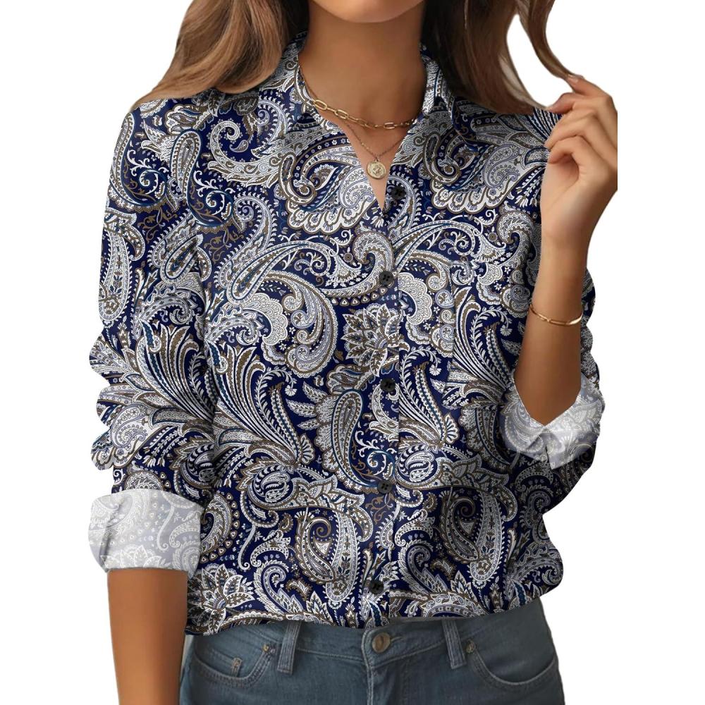 imageZeagoo Womens Button Down Shirt Long Sleeve Blouse Business Work Tops Dressy Casual Floral Printed Outfits with PocketMz473