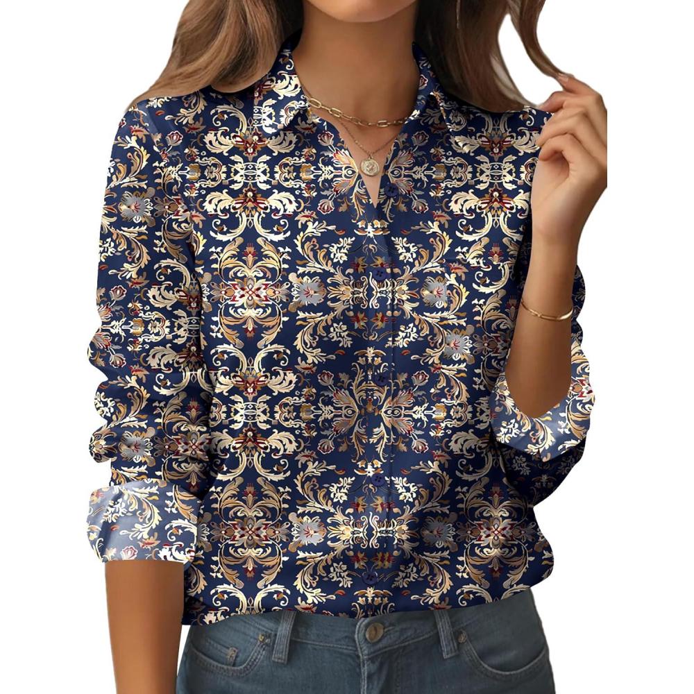 imageZeagoo Womens Button Down Shirt Long Sleeve Blouse Business Work Tops Dressy Casual Floral Printed Outfits with PocketMz869