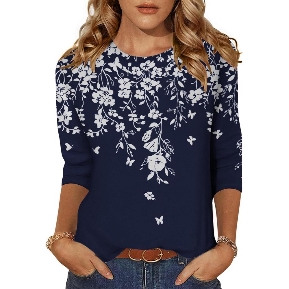 imageZeagoo Womens Casual 34 Sleeve TShirts Round Neck Cute Tunic Tops Basic Tees Blouses Business Work Tee TopBlue Flowersf103
