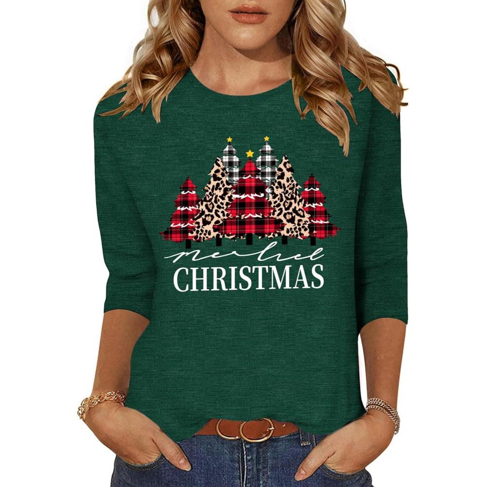 imageZeagoo Womens Casual 34 Sleeve TShirts Round Neck Cute Tunic Tops Basic Tees Blouses Business Work Tee TopGreen Christmassd484