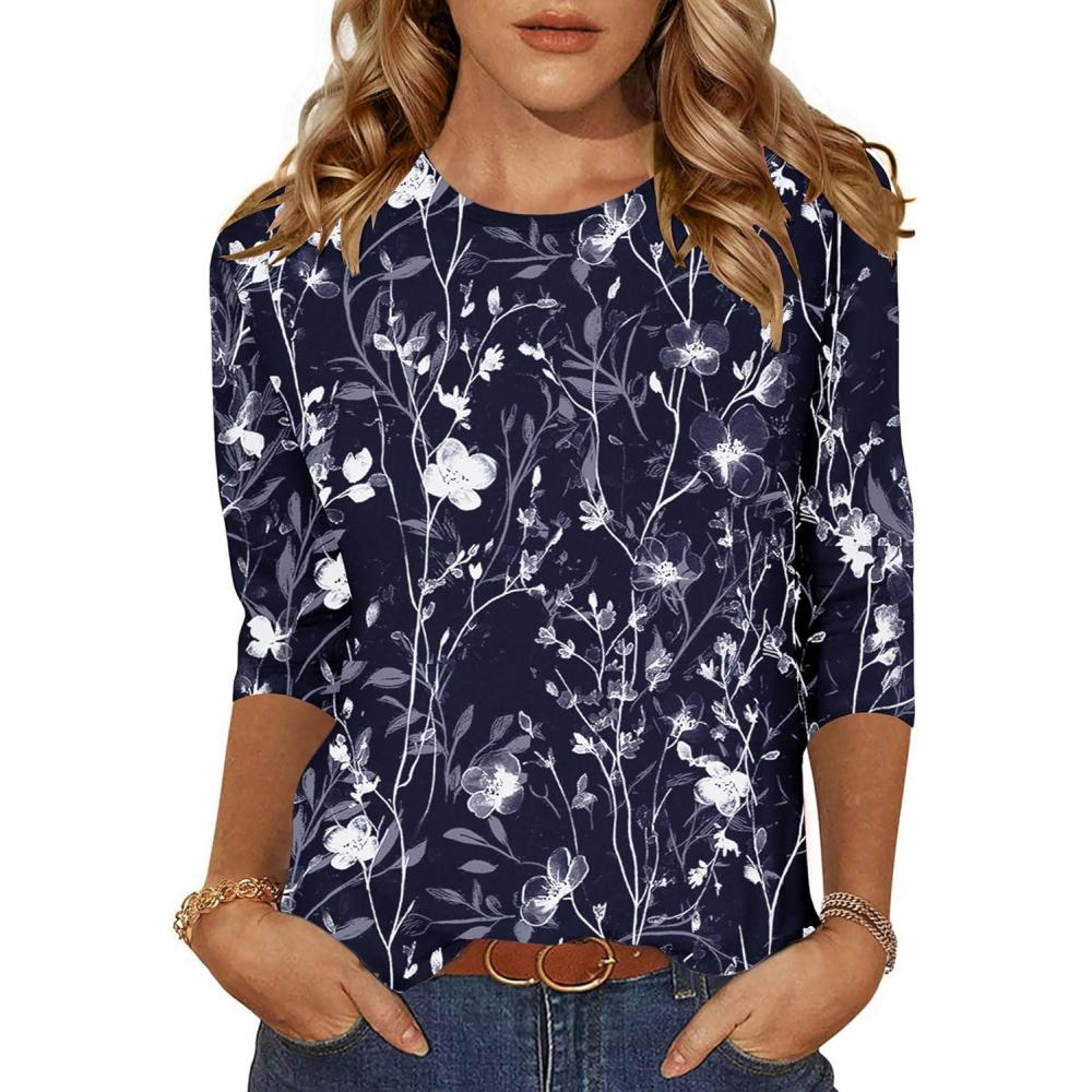 imageZeagoo Womens Casual 34 Sleeve TShirts Round Neck Cute Tunic Tops Basic Tees Blouses Business Work Tee TopNavy Floralsf180