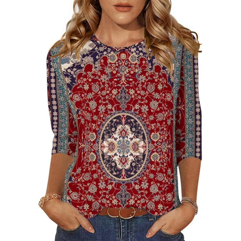 imageZeagoo Womens Casual 34 Sleeve TShirts Round Neck Cute Tunic Tops Basic Tees Blouses Business Work Tee TopRed Bohemiamz870