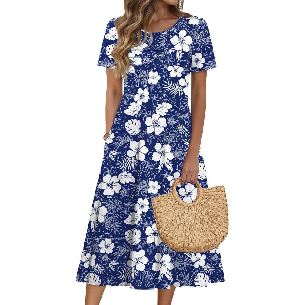 imageZeagoo Womens Casual Dresses for Summer Short Sleeve Flare Midi Dress Loose Beach Sundress Pleated Front Dress with Pockets02 Navy Floral