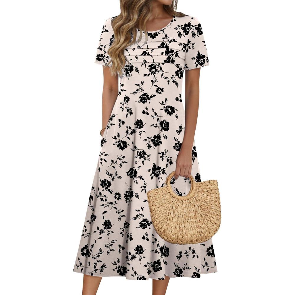 imageZeagoo Womens Casual Dresses for Summer Short Sleeve Flare Midi Dress Loose Beach Sundress Pleated Front Dress with PocketsBeige Floral