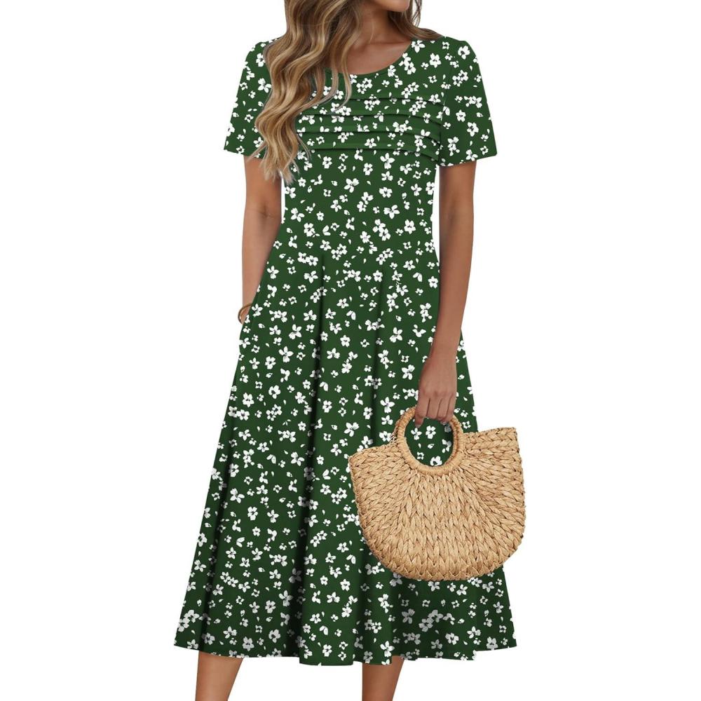 imageZeagoo Womens Casual Dresses for Summer Short Sleeve Flare Midi Dress Loose Beach Sundress Pleated Front Dress with PocketsGreen Floral