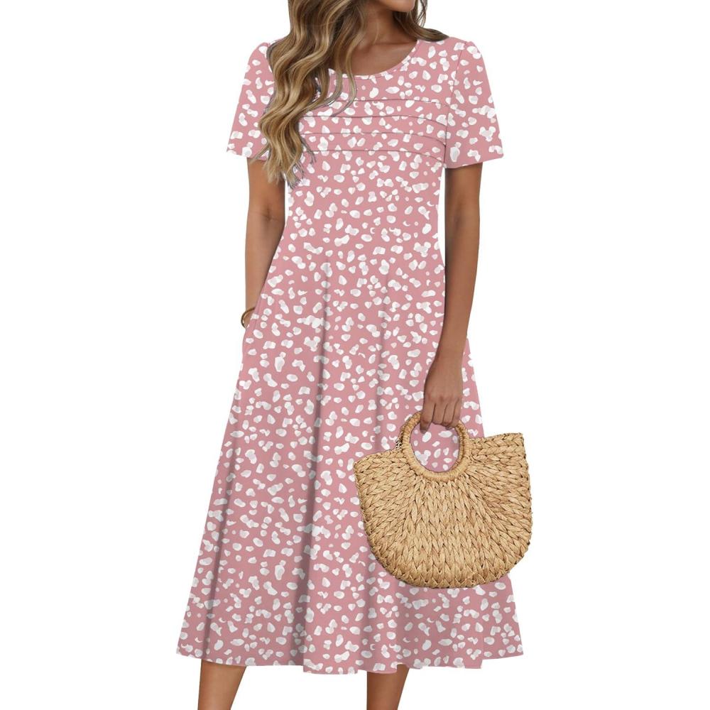 imageZeagoo Womens Casual Dresses for Summer Short Sleeve Flare Midi Dress Loose Beach Sundress Pleated Front Dress with PocketsPink Polka Dots