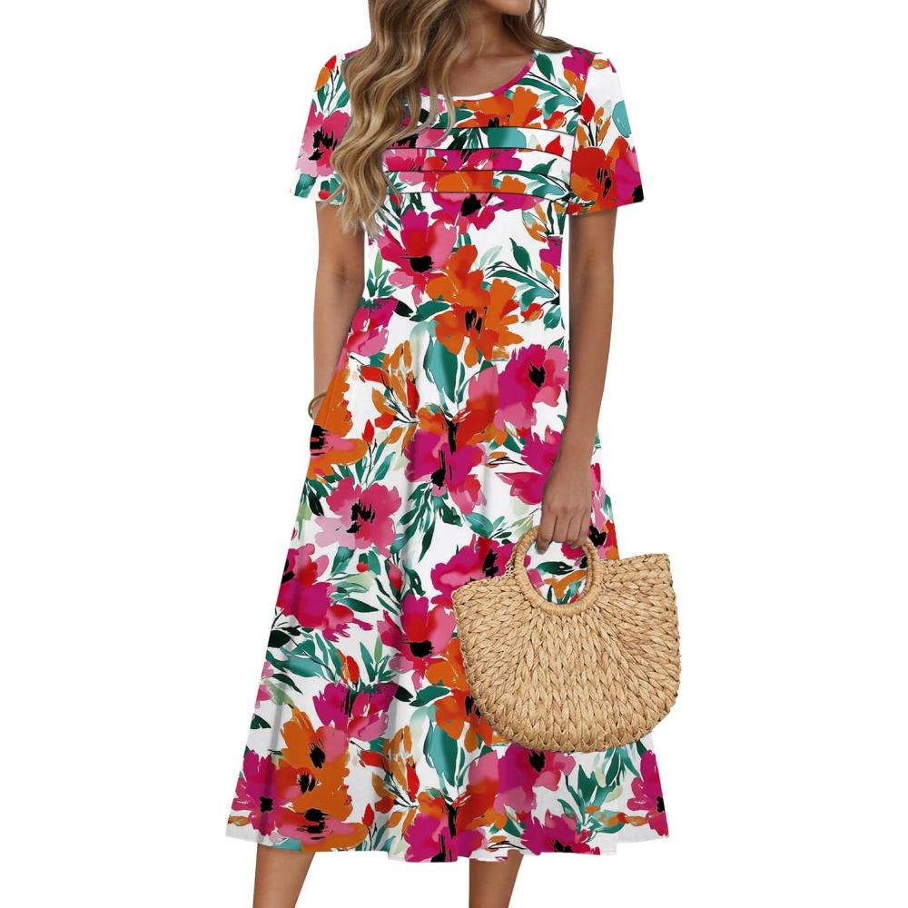 imageZeagoo Womens Casual Dresses for Summer Short Sleeve Flare Midi Dress Loose Beach Sundress Pleated Front Dress with PocketsRed Floral