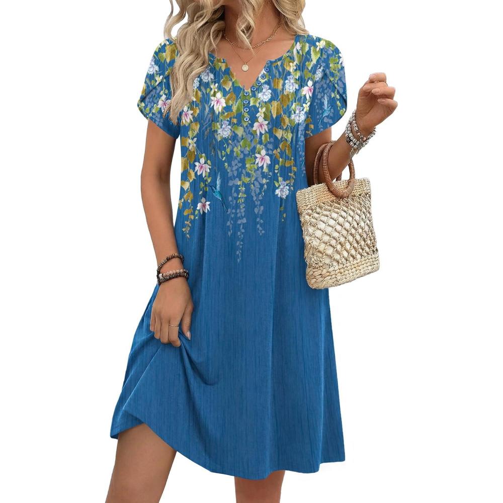 imageZeagoo Womens Casual Dresses with Pockets Summer Floral VNeck ALine Tshirt Dress Short Sleeve Mini Dress Beach SundressBlue Bloom