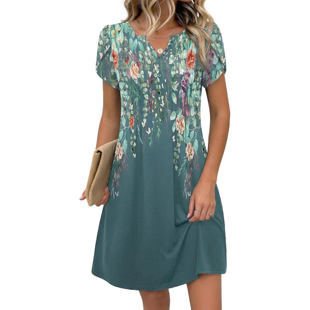 imageZeagoo Womens Casual Dresses with Pockets Summer Floral VNeck ALine Tshirt Dress Short Sleeve Mini Dress Beach SundressGraygreen Floral