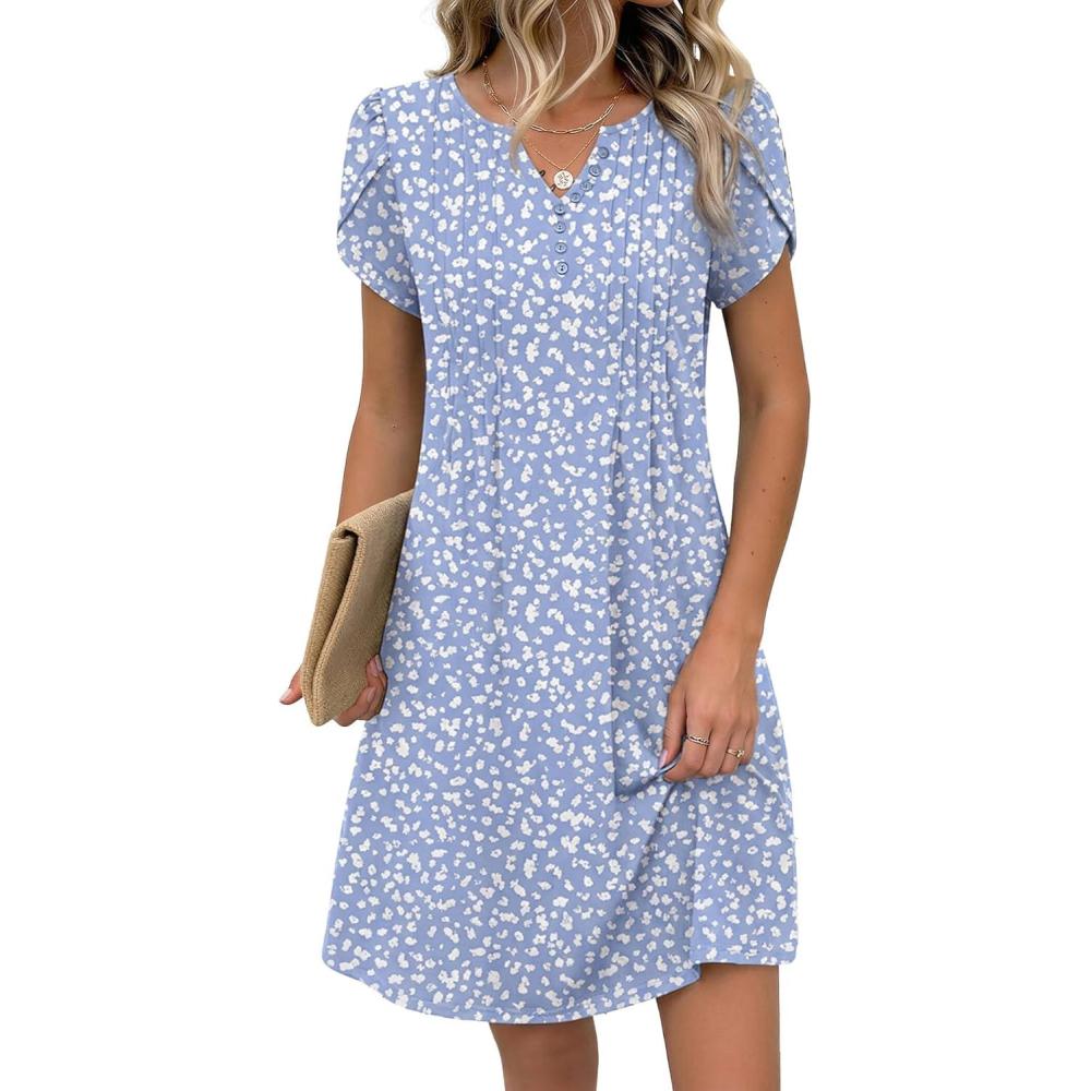 imageZeagoo Womens Casual Dresses with Pockets Summer Floral VNeck ALine Tshirt Dress Short Sleeve Mini Dress Beach SundressGrey Bluewhite