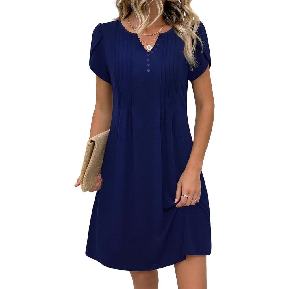 imageZeagoo Womens Casual Dresses with Pockets Summer Floral VNeck ALine Tshirt Dress Short Sleeve Mini Dress Beach SundressNavy Blue