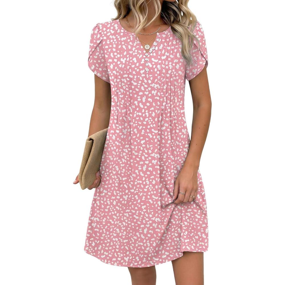 imageZeagoo Womens Casual Dresses with Pockets Summer Floral VNeck ALine Tshirt Dress Short Sleeve Mini Dress Beach SundressPinkwhite