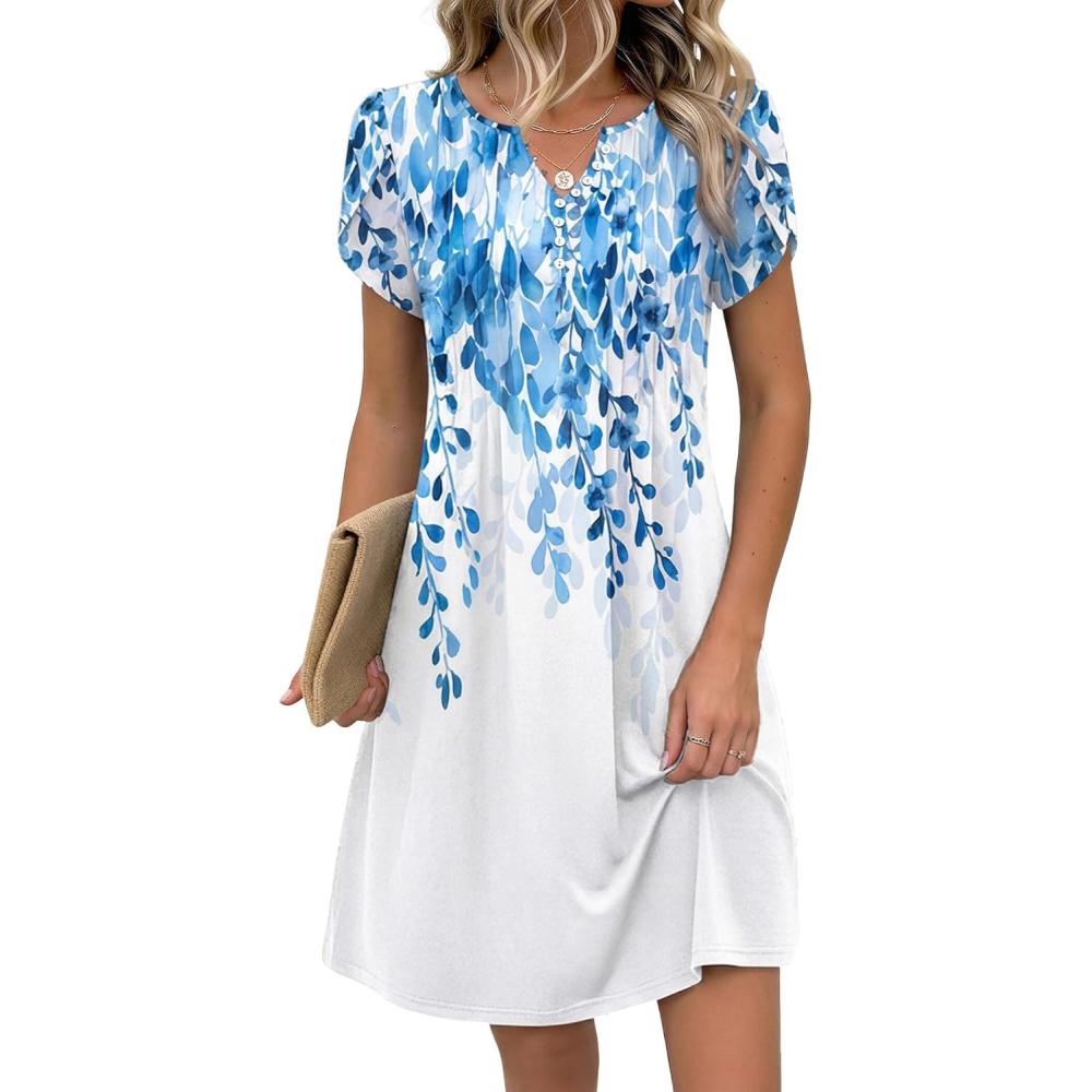 imageZeagoo Womens Casual Dresses with Pockets Summer Floral VNeck ALine Tshirt Dress Short Sleeve Mini Dress Beach SundressWhiteblue Flower