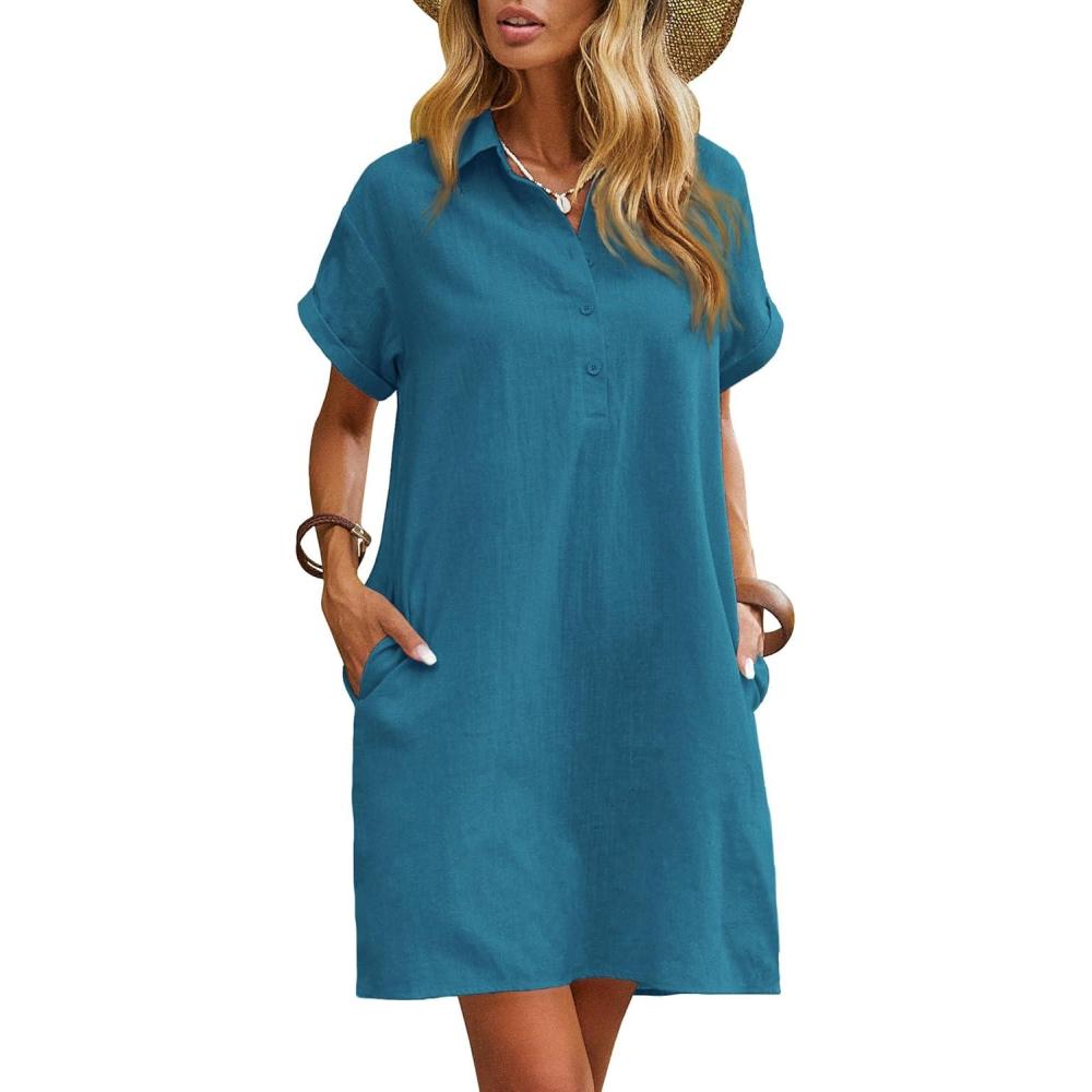 imageZeagoo Womens Cotton Shirt Dress Summer Casual Short Sleeve Button Down Beach Cover Up Shirts with PocketsBlue Green