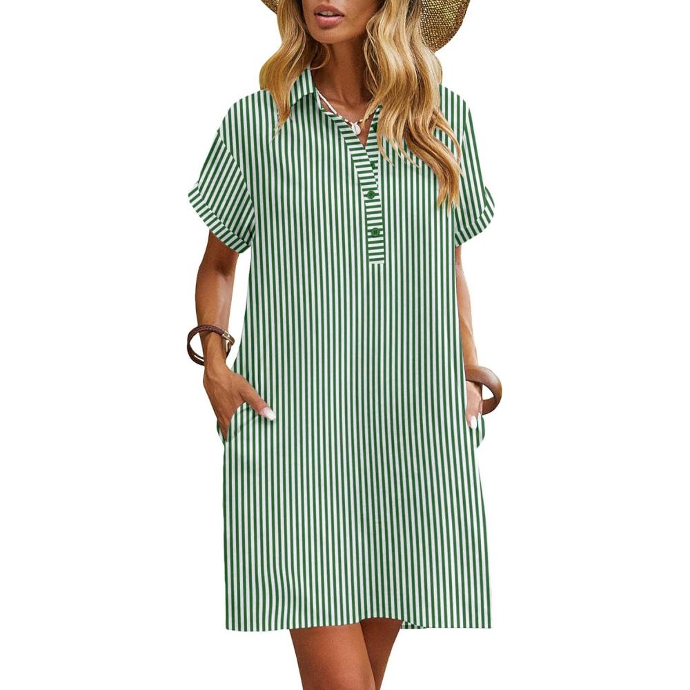 imageZeagoo Womens Cotton Shirt Dress Summer Casual Short Sleeve Button Down Beach Cover Up Shirts with PocketsGreen White Stripe