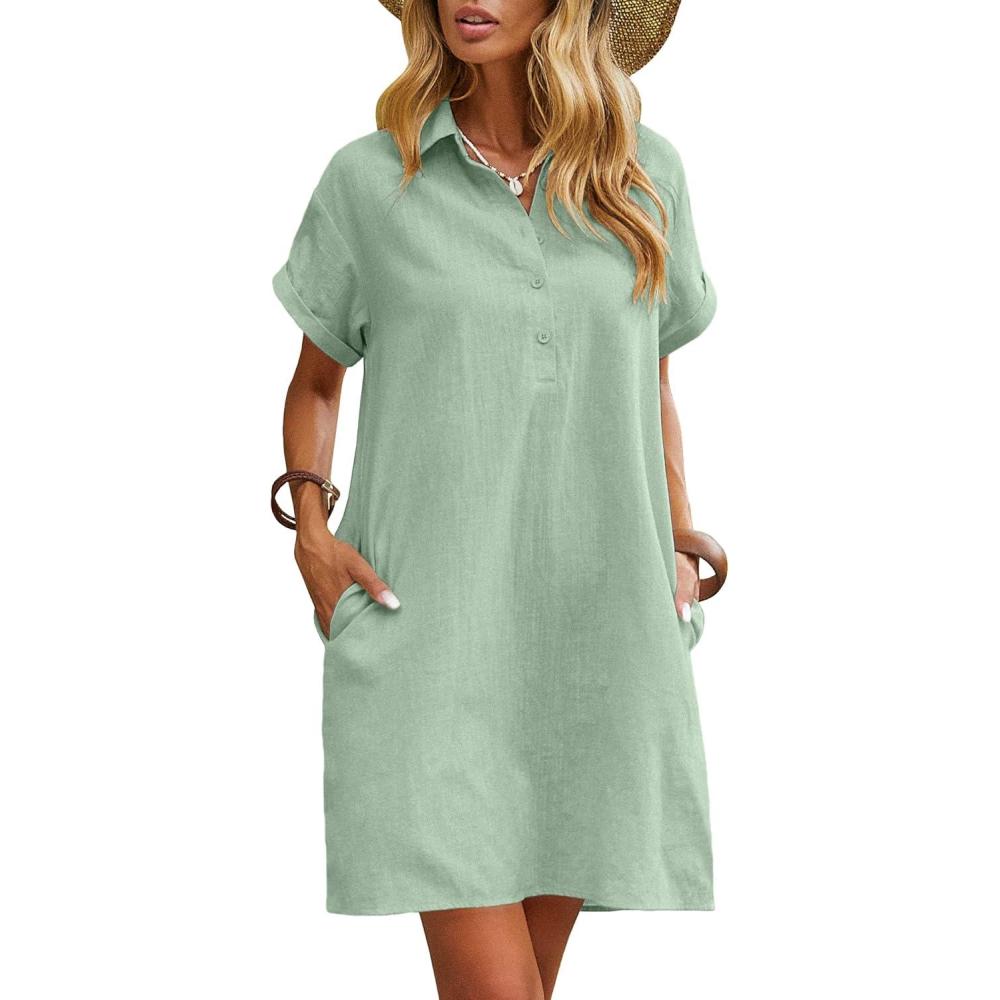 imageZeagoo Womens Cotton Shirt Dress Summer Casual Short Sleeve Button Down Beach Cover Up Shirts with PocketsLight Green