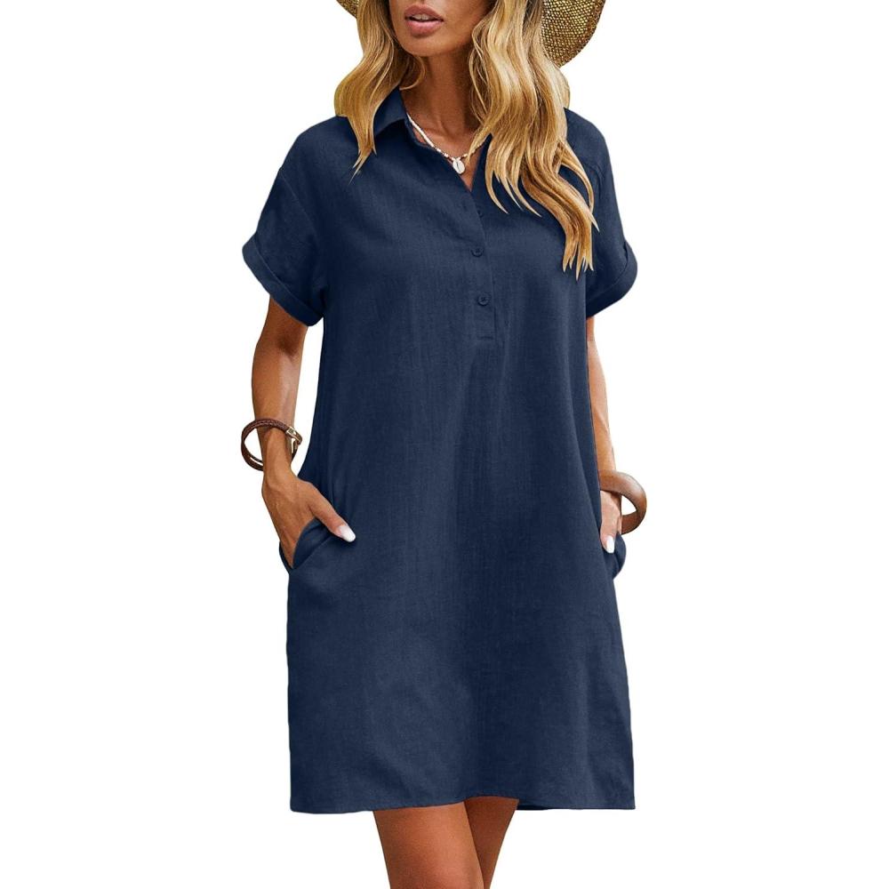 imageZeagoo Womens Cotton Shirt Dress Summer Casual Short Sleeve Button Down Beach Cover Up Shirts with PocketsNavy Blue