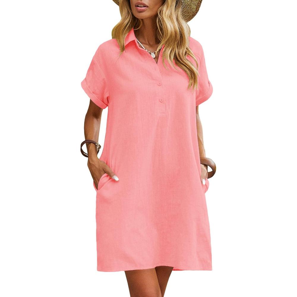 imageZeagoo Womens Cotton Shirt Dress Summer Casual Short Sleeve Button Down Beach Cover Up Shirts with PocketsPink Orange