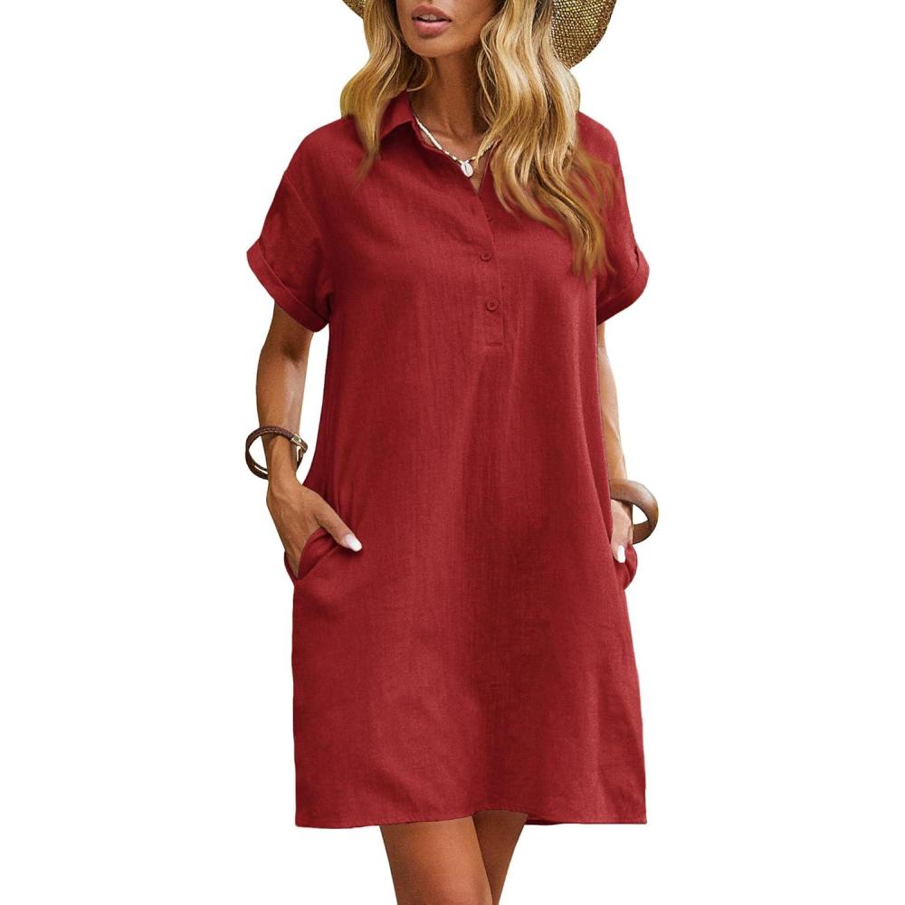 imageZeagoo Womens Cotton Shirt Dress Summer Casual Short Sleeve Button Down Beach Cover Up Shirts with PocketsRed