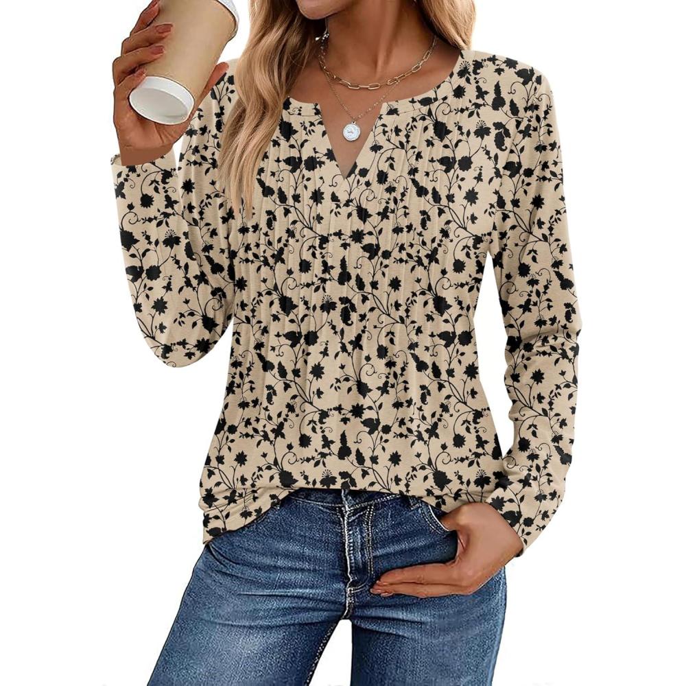imageZeagoo Womens Long Sleeve Tops 2025 V Neck Pleated Shirts Dressy Casual Tunic Blouses Loose Fit Fall Fashion ClothesKhakiprinted