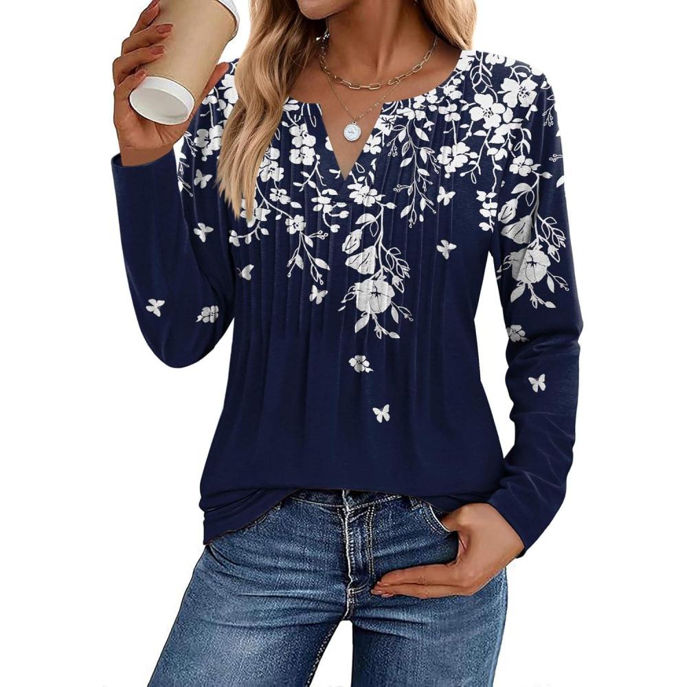 imageZeagoo Womens Long Sleeve Tops 2025 V Neck Pleated Shirts Dressy Casual Tunic Blouses Loose Fit Fall Fashion ClothesSf103