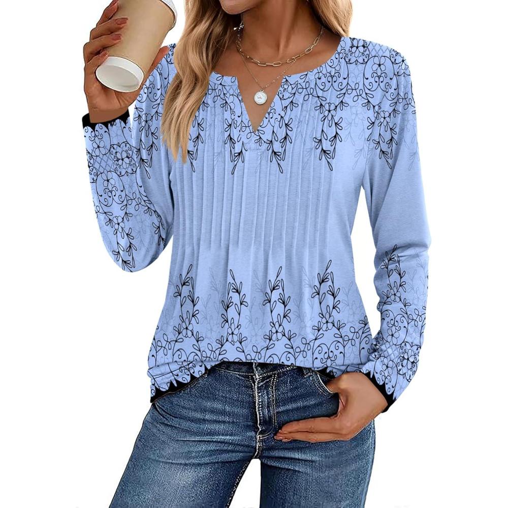 imageZeagoo Womens Long Sleeve Tops 2025 V Neck Pleated Shirts Dressy Casual Tunic Blouses Loose Fit Fall Fashion ClothesSf166