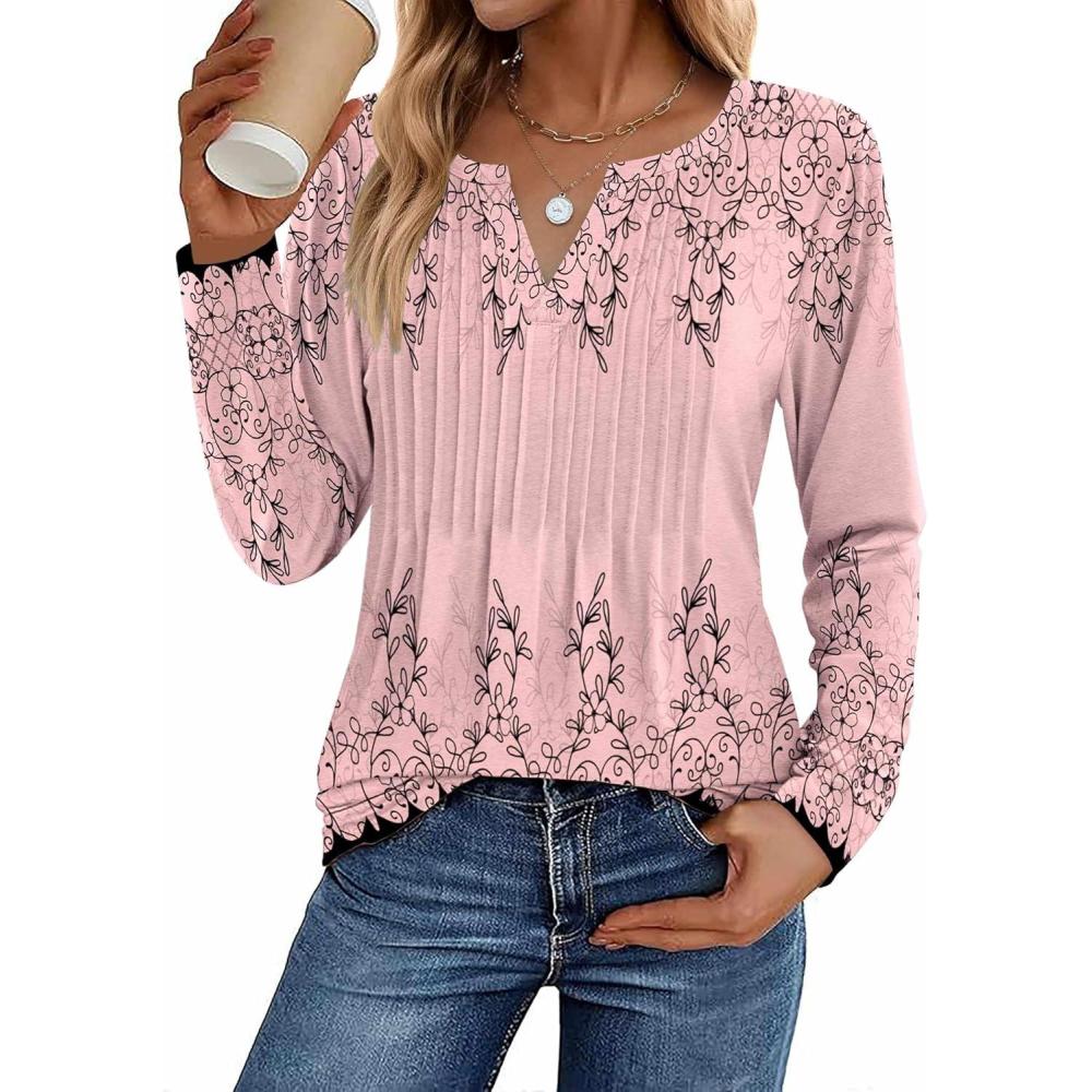 imageZeagoo Womens Long Sleeve Tops 2025 V Neck Pleated Shirts Dressy Casual Tunic Blouses Loose Fit Fall Fashion ClothesSf190