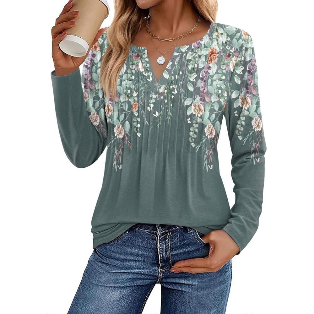 imageZeagoo Womens Long Sleeve Tops 2025 V Neck Pleated Shirts Dressy Casual Tunic Blouses Loose Fit Fall Fashion ClothesWf71
