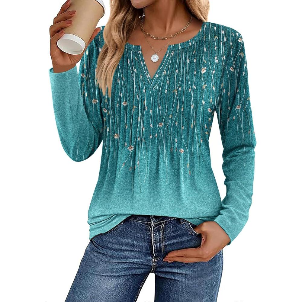 imageZeagoo Womens Long Sleeve Tops 2025 V Neck Pleated Shirts Dressy Casual Tunic Blouses Loose Fit Fall Fashion ClothesXh363
