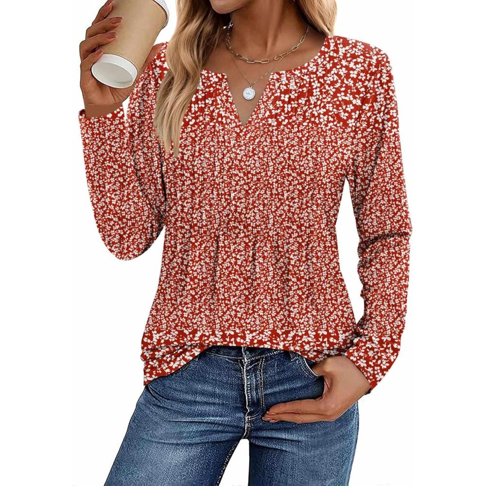imageZeagoo Womens Long Sleeve Tops 2025 V Neck Pleated Shirts Dressy Casual Tunic Blouses Loose Fit Fall Fashion ClothesXh518