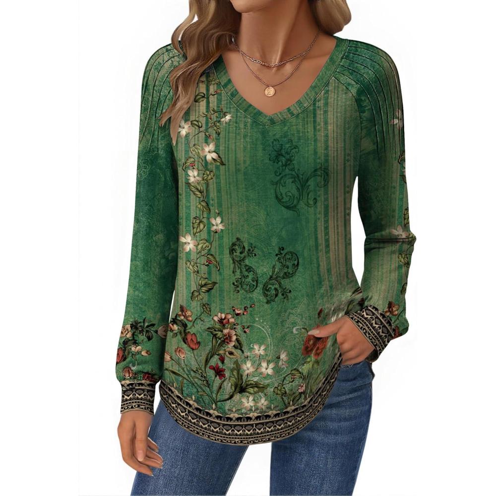 imageZeagoo Womens Long Sleeve Tops V Neck Pleated Shirts Dressy Casual Blouses Fall Fashion Tunic Clothes 2026 TShirts01green Floral