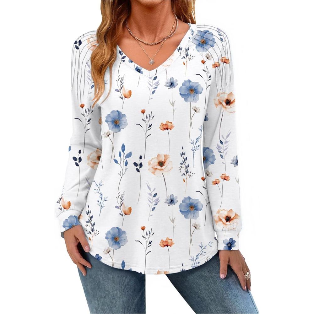 imageZeagoo Womens Long Sleeve Tops V Neck Pleated Shirts Dressy Casual Blouses Fall Fashion Tunic Clothes 2026 TShirts01white Floral