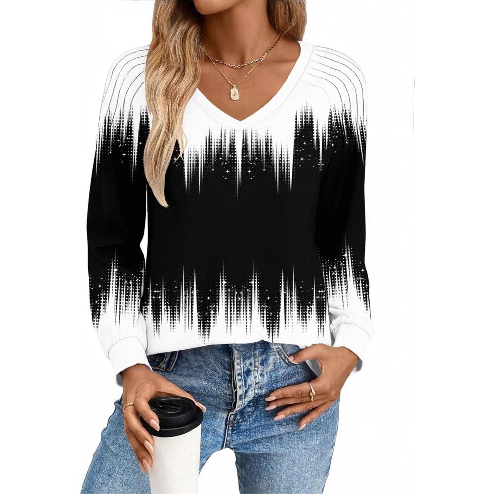 imageZeagoo Womens Long Sleeve Tops V Neck Pleated Shirts Dressy Casual Blouses Fall Fashion Tunic Clothes 2026 TShirtsBlackwhite