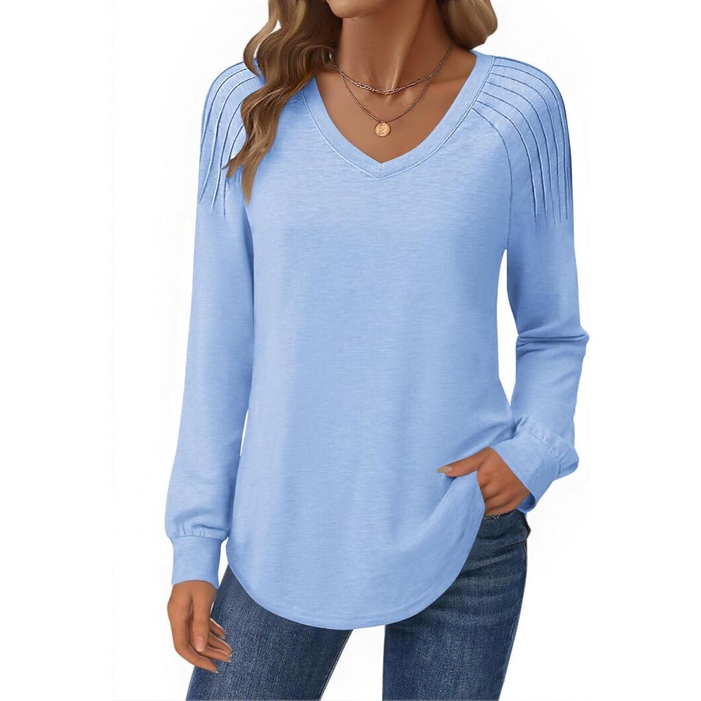 imageZeagoo Womens Long Sleeve Tops V Neck Pleated Shirts Dressy Casual Blouses Fall Fashion Tunic Clothes 2026 TShirtsBlue