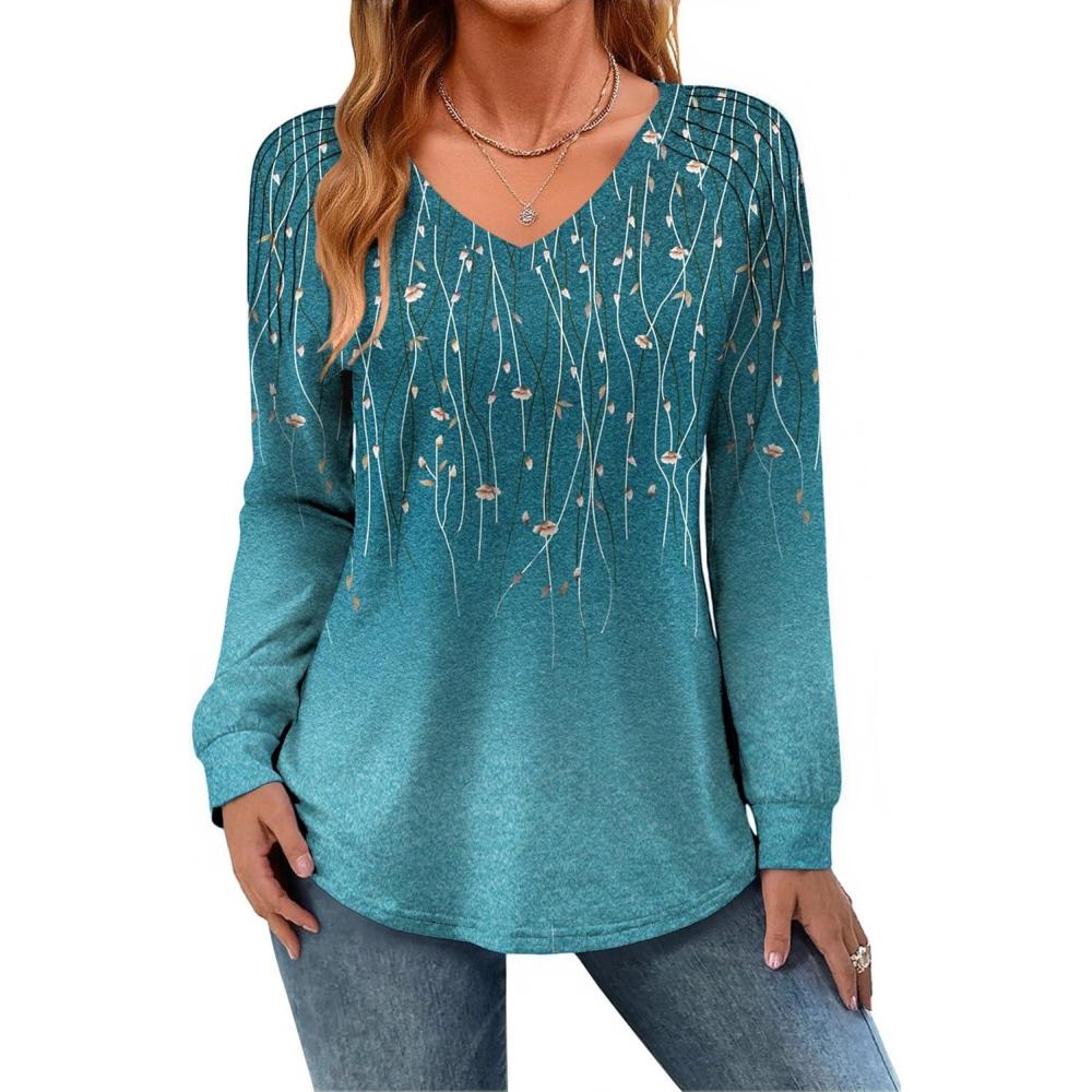 imageZeagoo Womens Long Sleeve Tops V Neck Pleated Shirts Dressy Casual Blouses Fall Fashion Tunic Clothes 2026 TShirtsBluegreen